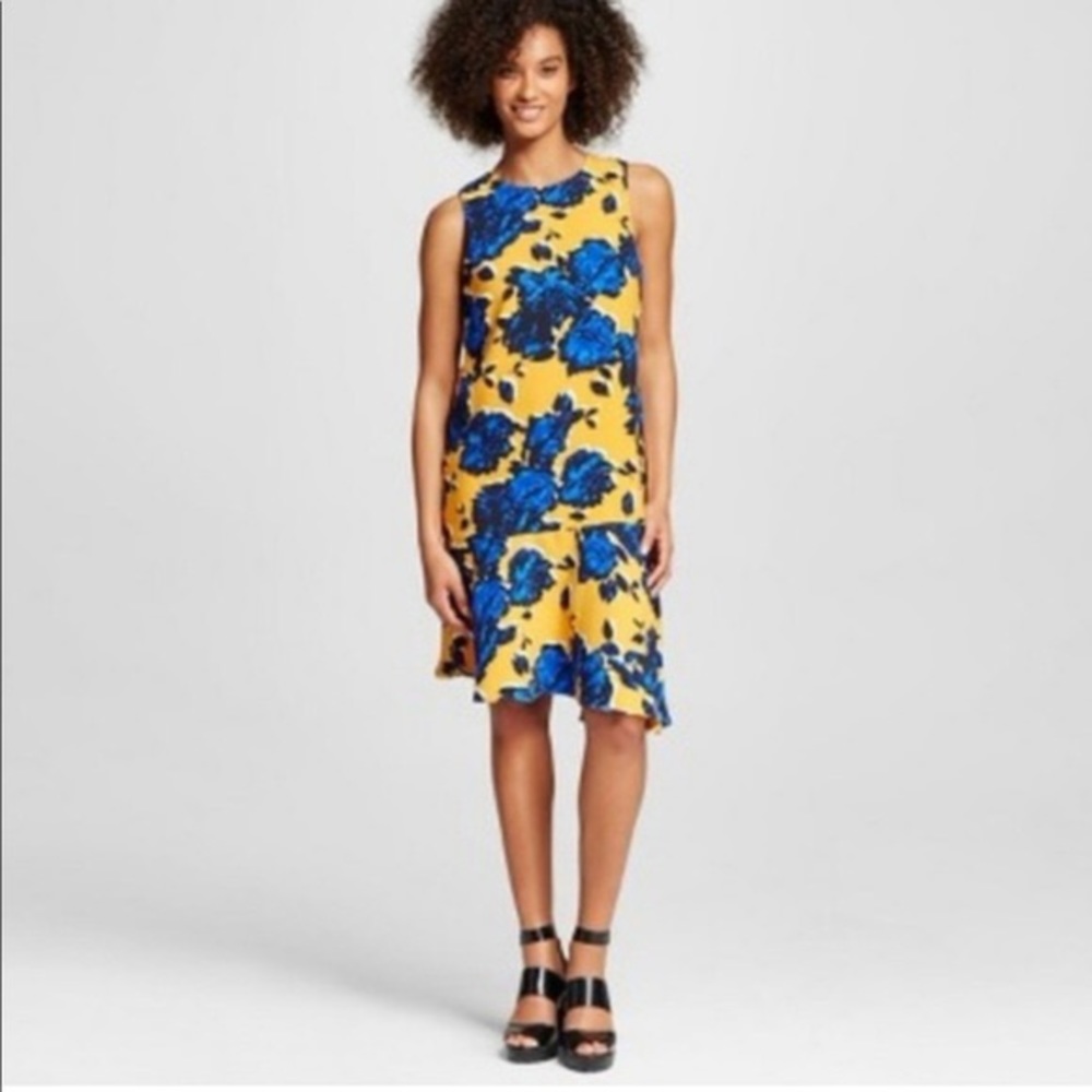Blue and yellow floral ruffle asymmetrical dress